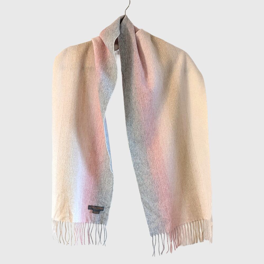 Louisa Perini 100% Cashmere Scarf Pink Gray Cream Stripe Fringe 12x60
